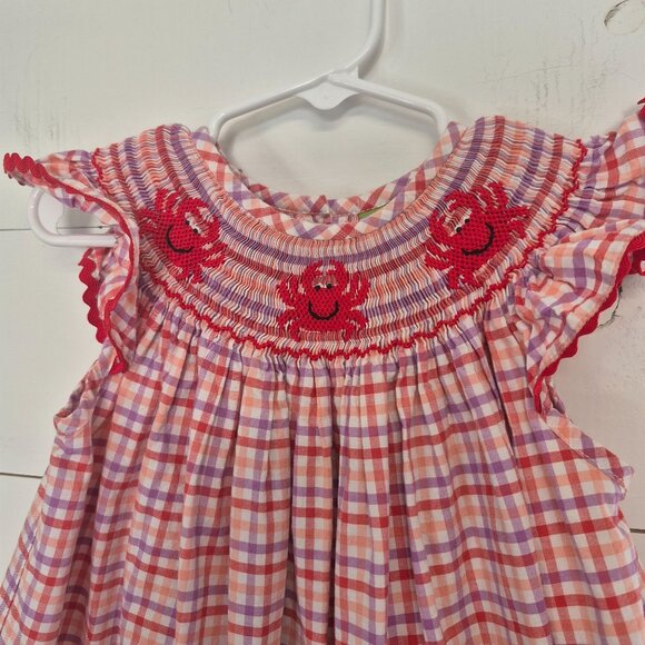 Girls Smocked Gingham Dress With Crab Embroidery & Flutter Sleeves - Picture 2 of 8